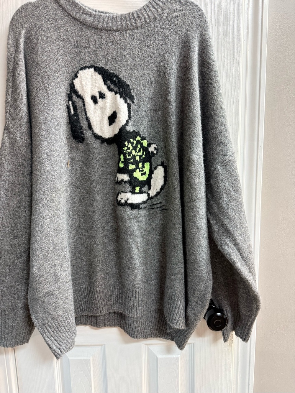 American Eagle Outfitters Gray Snoopy Knit Sweater with Neon Green Accent.